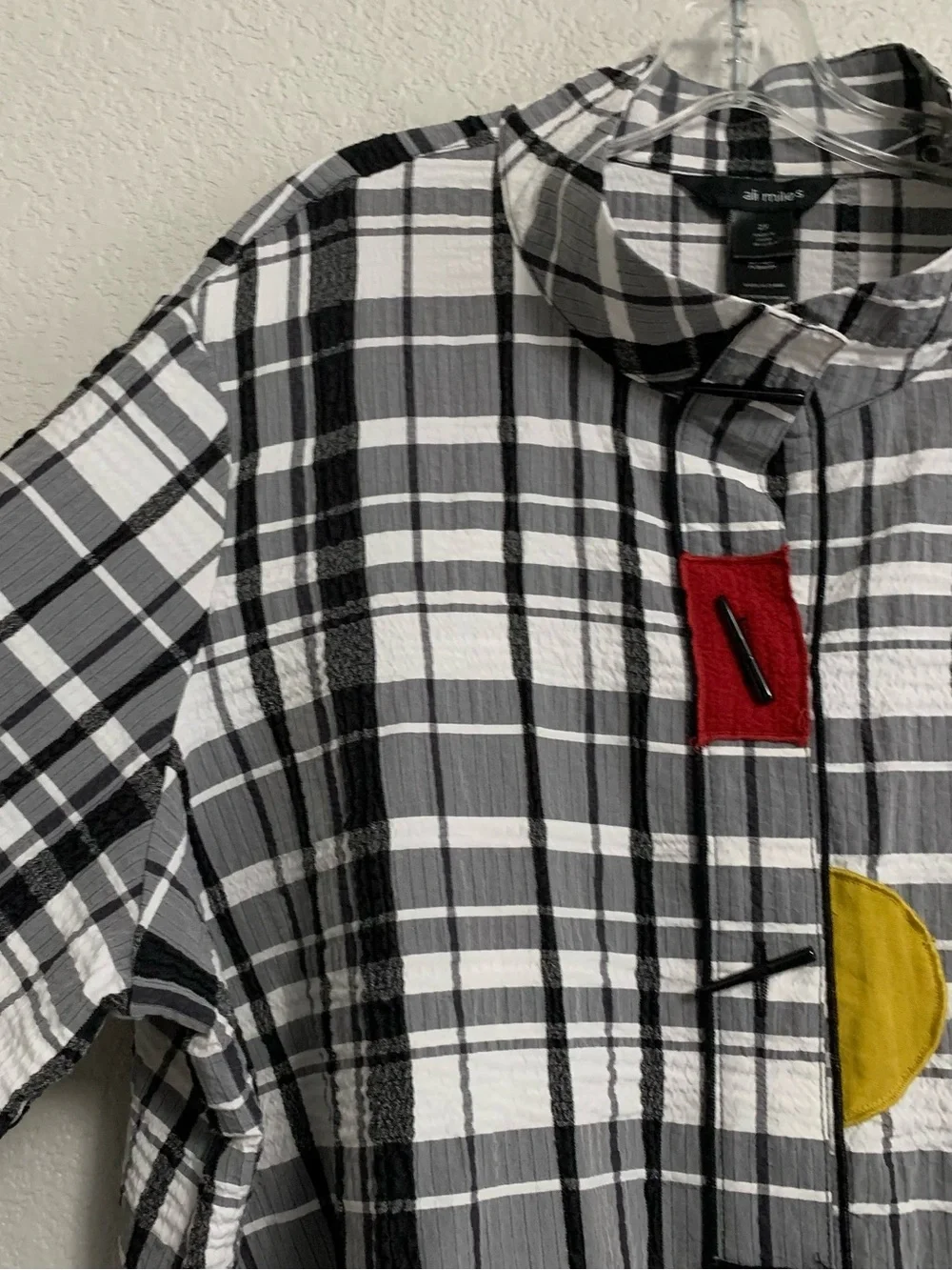 Ali Miles Blouse Top Women 2X Button Front Tunic Plaid Geometric Pockets Artsy - Picture 4 of 15